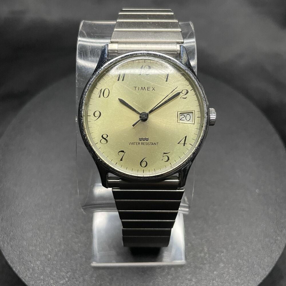 Vintage Timex Mechanical Watch Date Champagne Dial Silver Bracelet *For Parts*